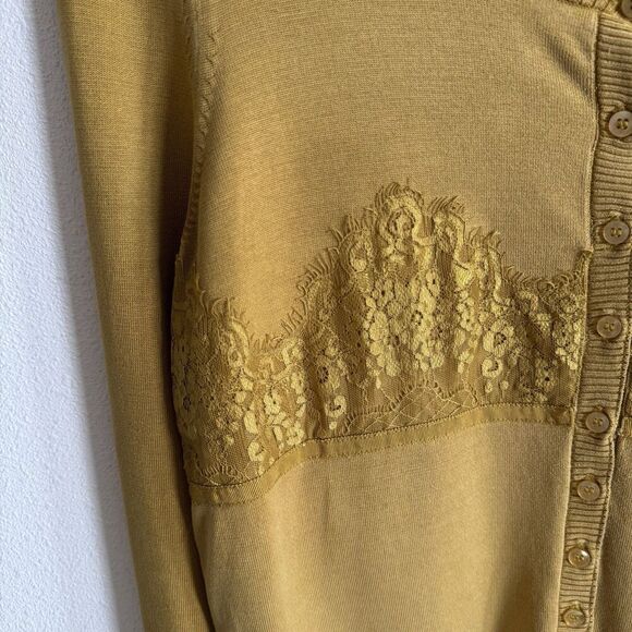 Vtg Y2K Moda International Sweater Womens Large Mustard Yellow Cardigan Lace 90s - Picture 4 of 14
